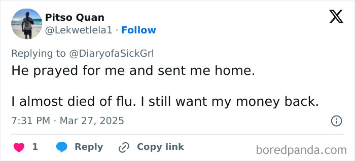 Tweet describing a negative doctor experience, highlighting an unfortunate flu diagnosis.
