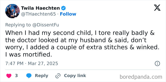 Tweet describing an unfortunate experience with a doctor during childbirth, highlighting patient discomfort.