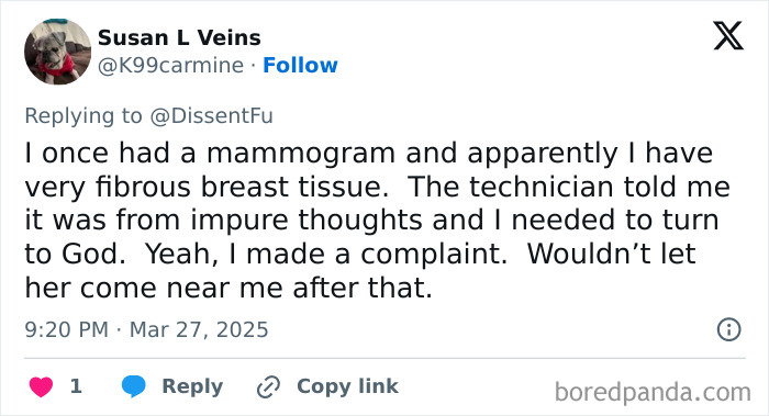 Tweet about a negative experience with a doctor, highlighting unprofessional advice during a mammogram.