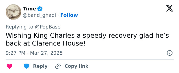 Tweet wishing King Charles a speedy recovery amid cancer battle; glad he’s back at Clarence House. Tweet wishing King Charles a speedy recovery amid cancer battle; glad he’s back at Clarence House.