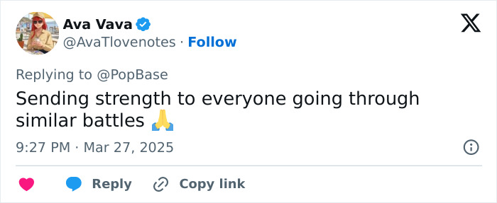 Tweet expressing support in cancer battle, with praying hands emoji. Tweet expressing support in cancer battle, with praying hands emoji.