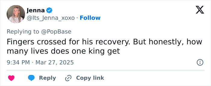 Tweet showing support for King Charles's cancer battle with "fingers crossed" sentiment. Tweet showing support for King Charles's cancer battle with "fingers crossed" sentiment.