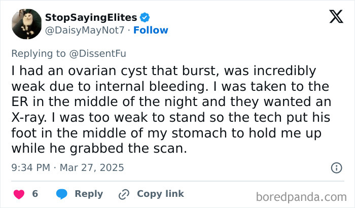 Tweet recounting a bad experience with a doctor after a burst ovarian cyst led to an emergency room visit.