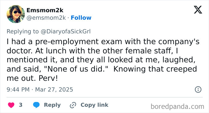 Tweet recounting an unsettling experience with a company doctor, highlighting concerns about inappropriate behavior.
