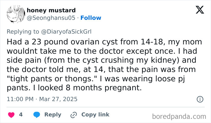 Tweet about an ovarian cyst misdiagnosis due to poor doctor advice, highlighting a bad medical experience.