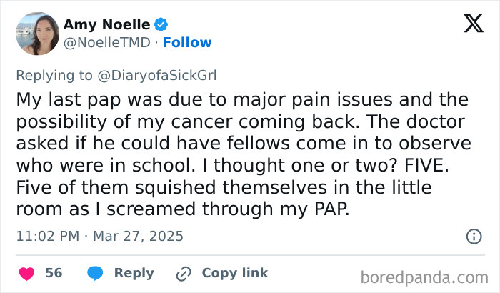 Tweet about a distressing medical experience with a doctor and multiple observers during a painful procedure.