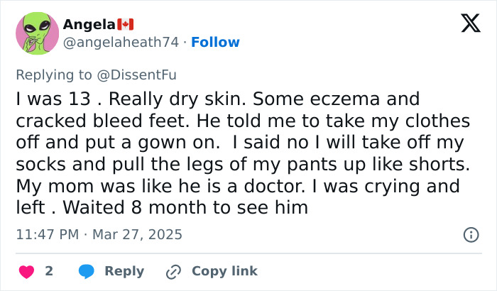 Social media post by Angela sharing a story about a negative experience with a doctor.