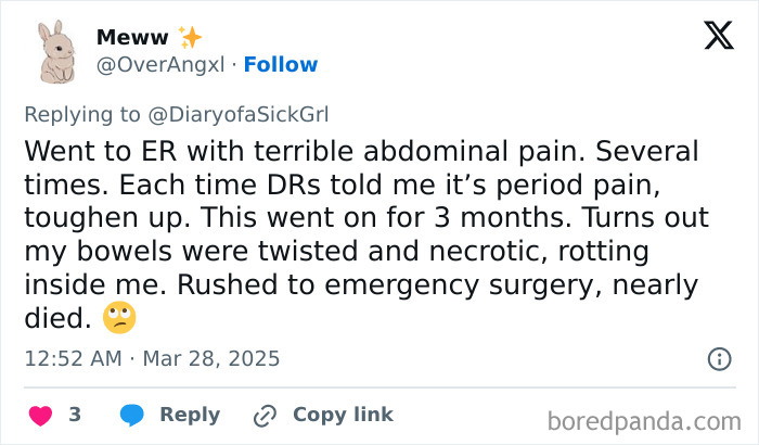 Tweet about misdiagnosis by doctors leading to emergency surgery for necrotic bowels.