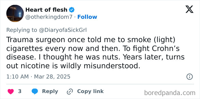 Tweet about a trauma surgeon's unusual advice for Crohn's disease, highlighting misunderstandings about nicotine.