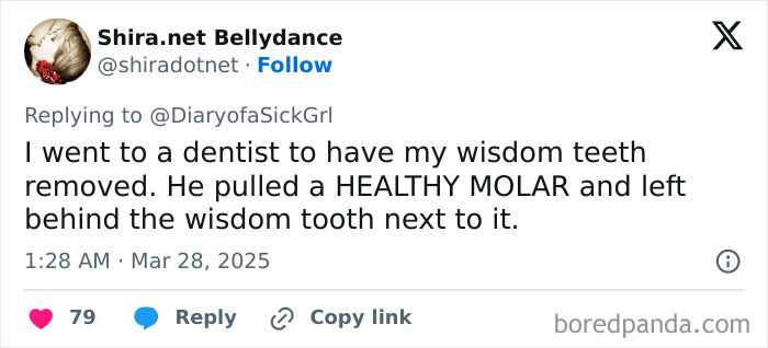 Tweet about a dentist removing the wrong tooth, highlighting worst doctors experience.