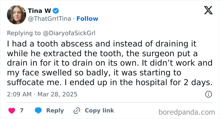 Tweet about a bad doctor experience with a tooth abscess leading to hospitalization.
