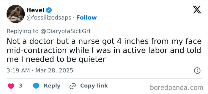 Tweet sharing a story about a nurse's behavior during active labor, highlighting poor healthcare experiences.