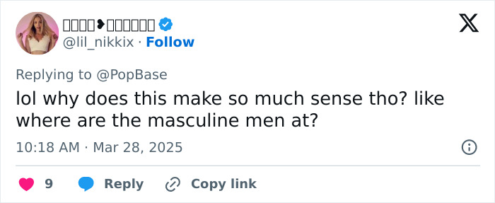 Tweet questioning masculinity trend, referencing Bebe Rexha's "soft girl era" comment; user seeking masculine men discussion.