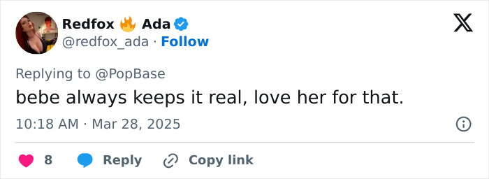 Tweet from Redfox Ada praising Bebe Rexha for keeping it real in response to a discussion.