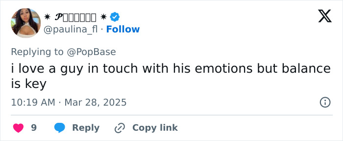 Tweet about men in touch with emotions, highlighting balance in the "soft girl era.