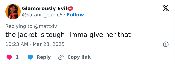 Tweet reply praising a stylish jacket, posted on March 28, 2025.