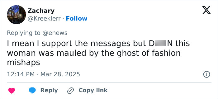 Tweet reacting humorously to JoJo Siwa's shaved rainbow head, mentioning fashion mishaps.