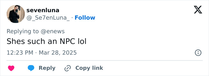 Tweet response to JoJo Siwa's shaved rainbow head debut: "Shes such an NPC lol" from user sevenluna on March 28, 2025.