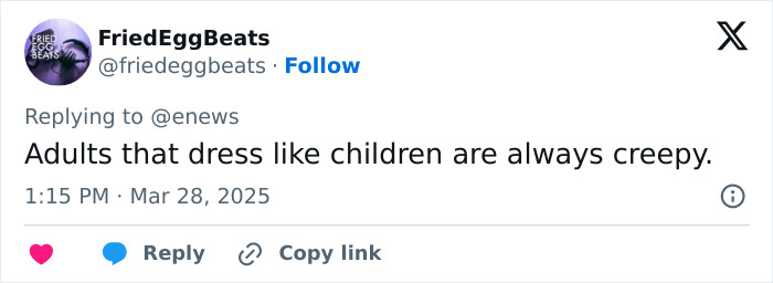 Tweet criticizing adults dressing like children amid JoJo Siwa's new shaved rainbow hairstyle debut.