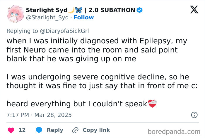 Tweet about a disappointing experience with a doctor giving up on a patient with epilepsy.