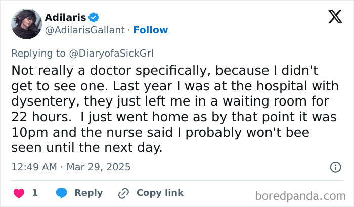 Tweet recounting a story about an unfortunate hospital experience with long wait times and lack of doctor assistance.