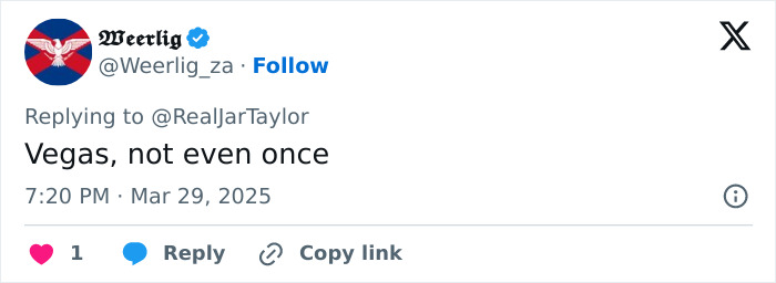 Tweet by @Weerlig_za, "Vegas, not even once," related to convict and bachelorette party incident.