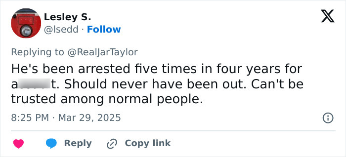 Tweet discussing convict arrest at bachelorette party with shocked response and call for accountability.