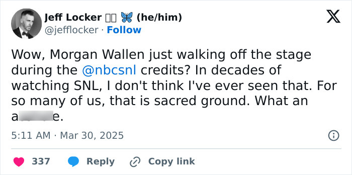Morgan Wallen leaving SNL stage described as sacred ground in tweet by Jeff Locker.