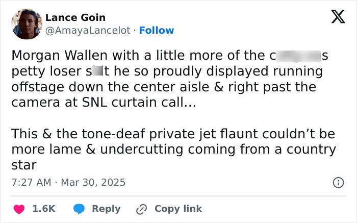 Tweet criticizing Morgan Wallen for walking off SNL stage, questioning his actions and behavior as a country star.