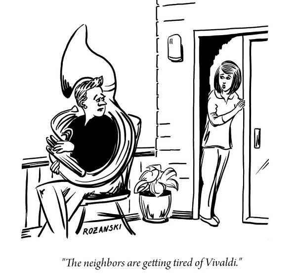Man playing tuba annoys neighbor with Vivaldi, highlighting cartoon humor.