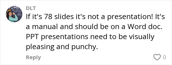 Social media comment about presentation slide design.