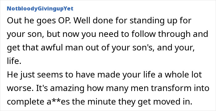 Text comment addressing woman's boyfriend's laziness and son's wellbeing advice.