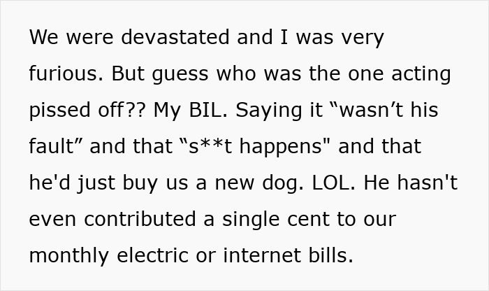 Text discussing frustration with brother-in-law's lack of contribution to bills after a year of living together.