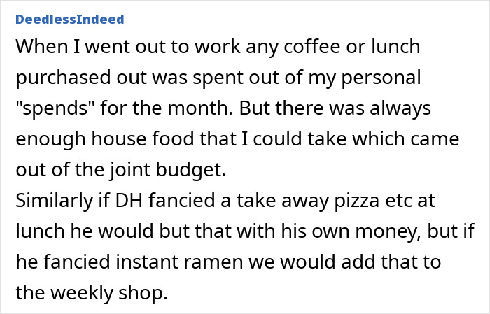 Text discussing a husband's spending on lunch and coffee using personal funds rather than the joint budget.