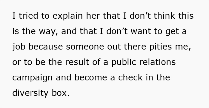 Text discussing concerns about being part of a diversity quota or gaining sympathy in career choices.