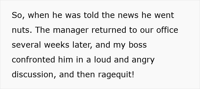 Text excerpt about a manager's return, confrontation, and a dramatic ragequit.
