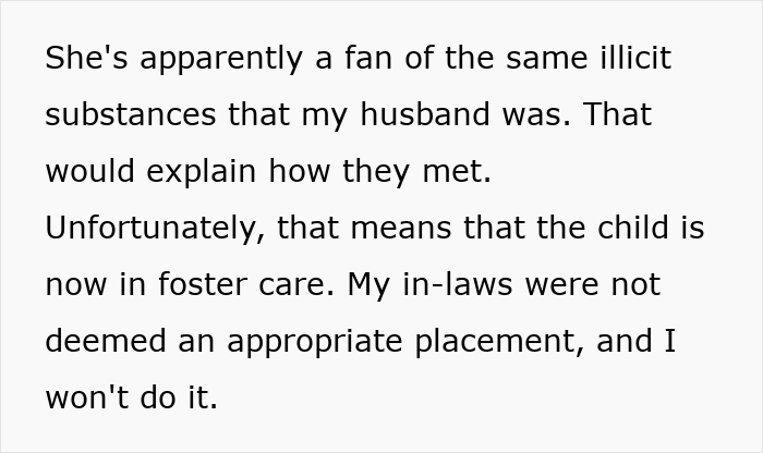 Text discussing refusal to share money with late husband's affair child placed in foster care.