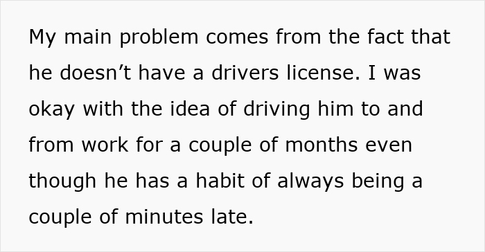 Text image discussing free rides to work ending due to friend's lateness.