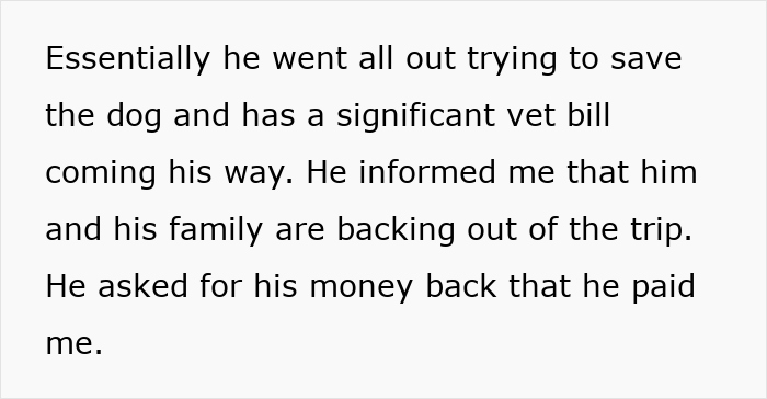 Text detailing a brother requesting vacation reimbursement due to a dog's vet bill after canceling a family trip.