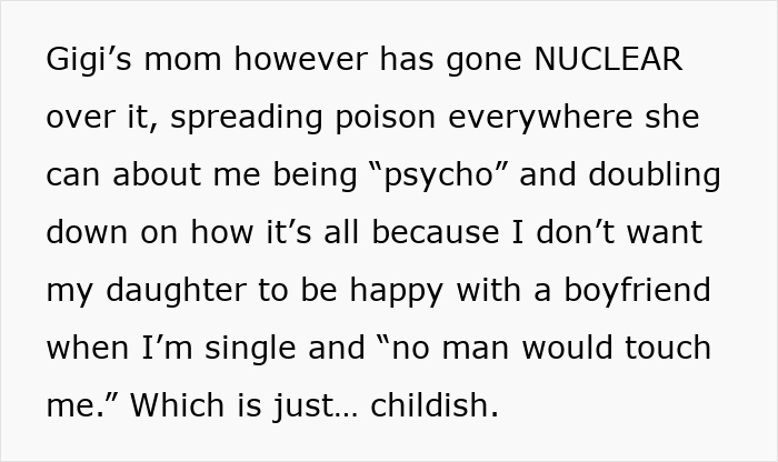 Text screenshot discussing a friend's parent spreading harmful comments about a 14-year-old.