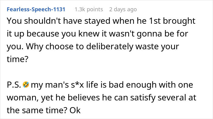 Comment on relationship dynamics, discussing partner dissatisfaction and the idea of opening a relationship.