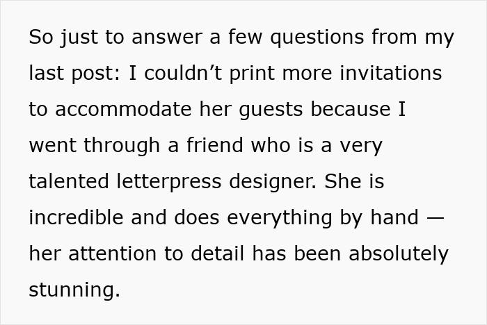 Text explaining limited wedding invitations due to handcrafted letterpress design.