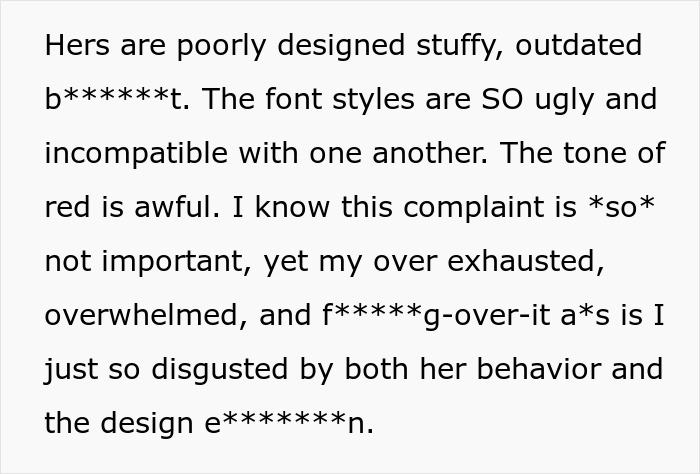 Text expressing frustration about poor design and font choices in wedding invitations.