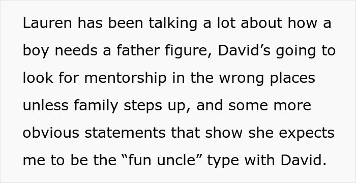 Text message discussing brother's parental role in nephew's life, highlighting need for a father figure since dad isn&rsquo;t present.