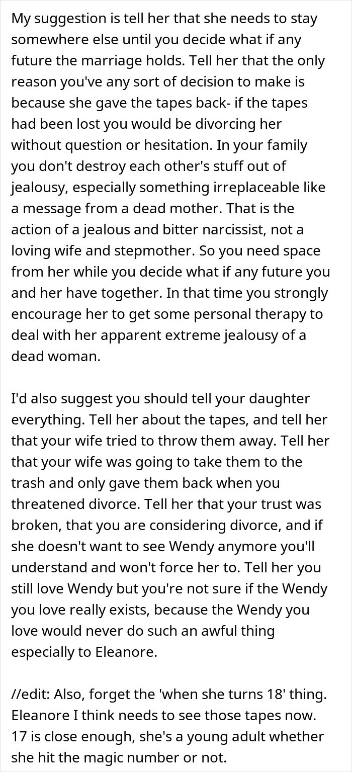 Text discussing a man's dilemma over tapes of his late wife and his new wife's actions.
