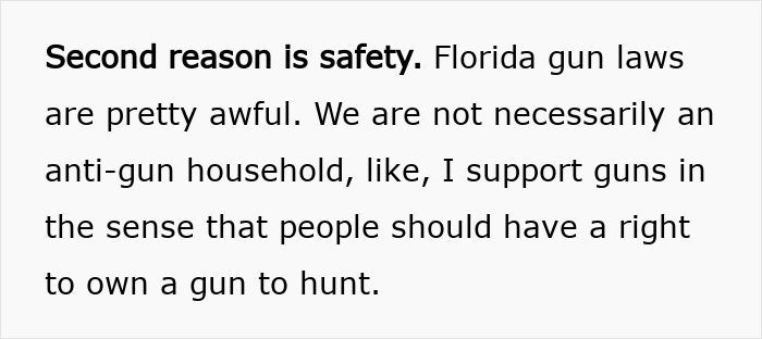 Text excerpt discussing moving to a blue state for safety reasons, mentioning Florida gun laws.