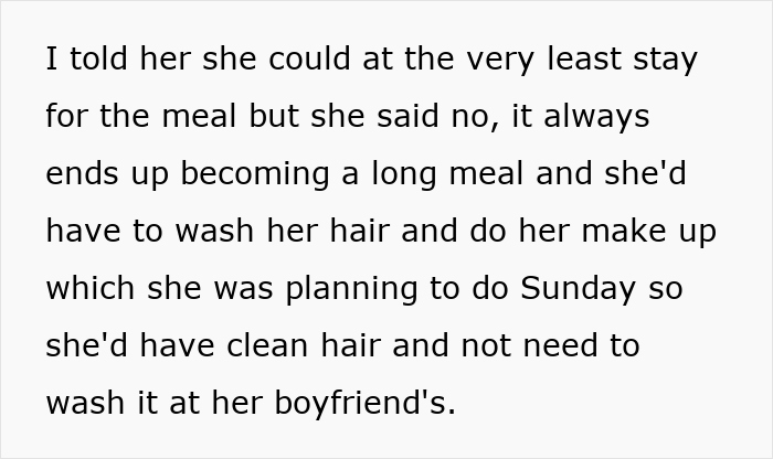 Text describing a mother unhappy at her daughter skipping a dinner she planned. Text describing a mother unhappy at her daughter skipping a dinner she planned.