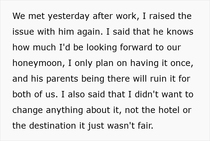 Text discussing a bride-to-be upset about future in-laws planning a vacation at their honeymoon destination.