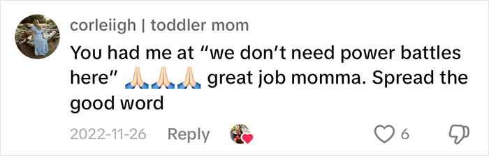 Comment from a mom sharing parenting advice, praising another for avoiding power battles and encouraging spreading the word. Comment from a mom sharing parenting advice, praising another for avoiding power battles and encouraging spreading the word.