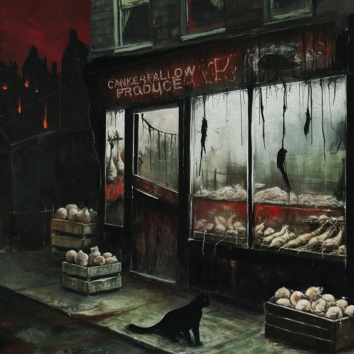 Eerie scenery painting inspired by industrial decay, showing a dilapidated storefront with a black cat and crates of produce.